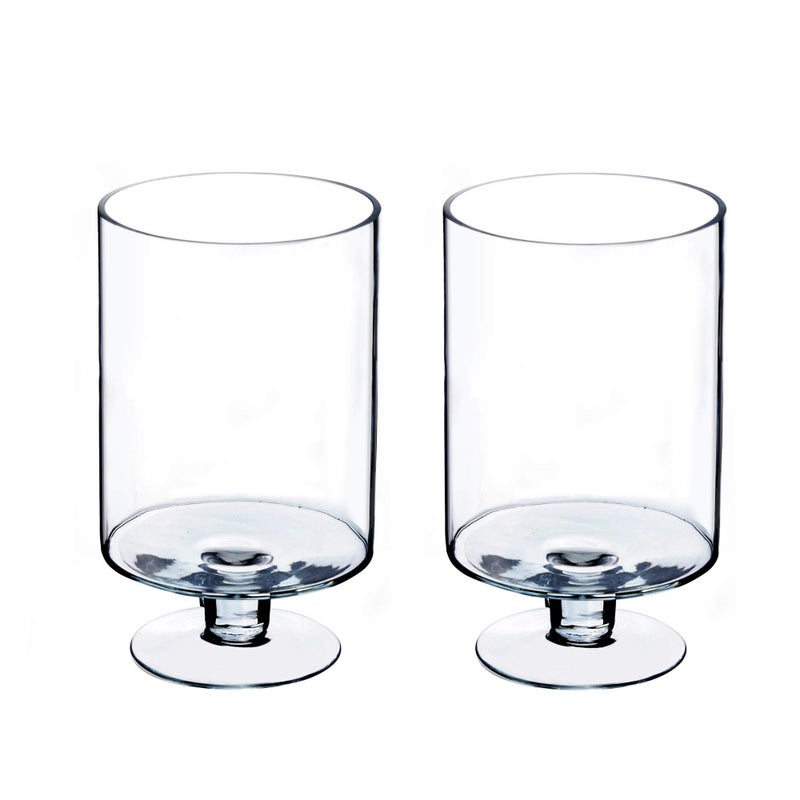 CYS EXCEL Glass Hurricane Pillar Candle Holders (H:10" W:6", 2 PCS) | Multiple Size Choices Short Stem Candle Jars | Stemmed Glass Cylinder Candle Vase - Image 1